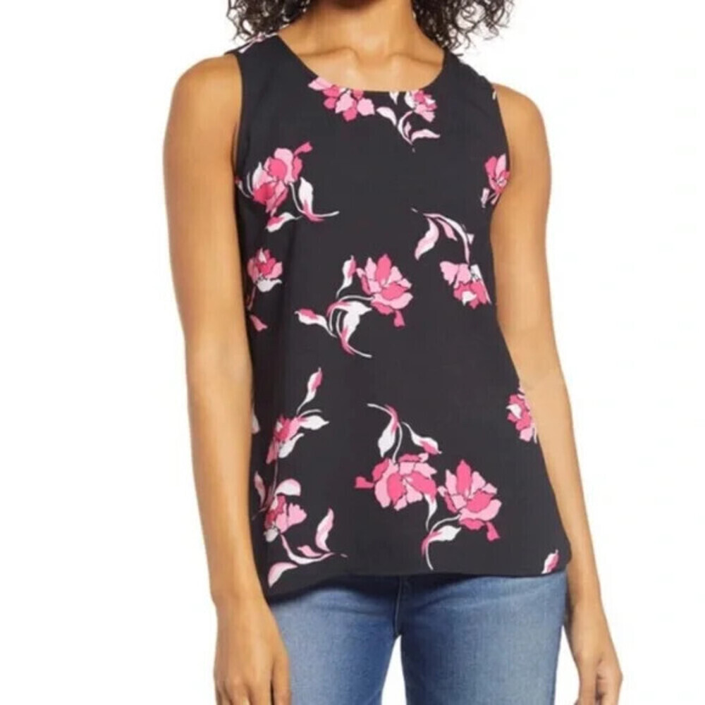 Halogen Scoop Neck Woven Shell Top In Black Pink Morgana Floral Plus Size 1X